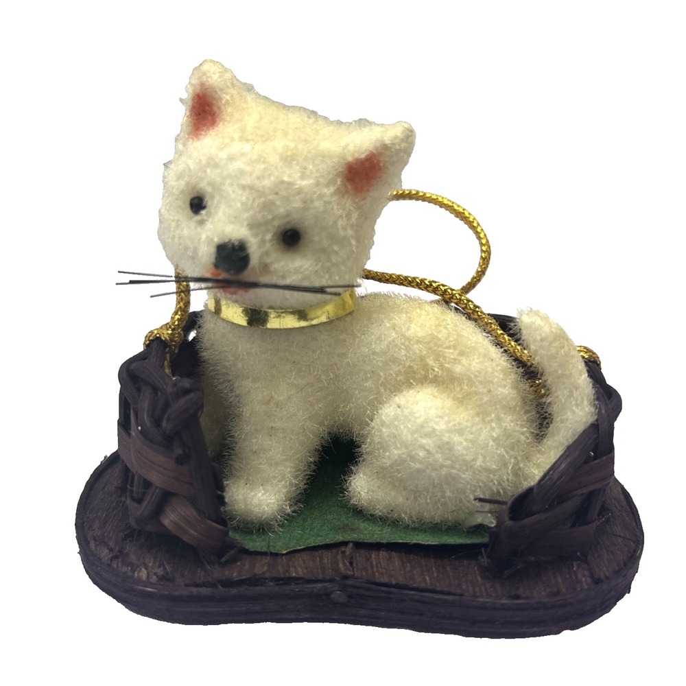 Vtg MCM Josef Original Cat Kitten‎ In Basket Flocked Ornament 2.5 In 1960s